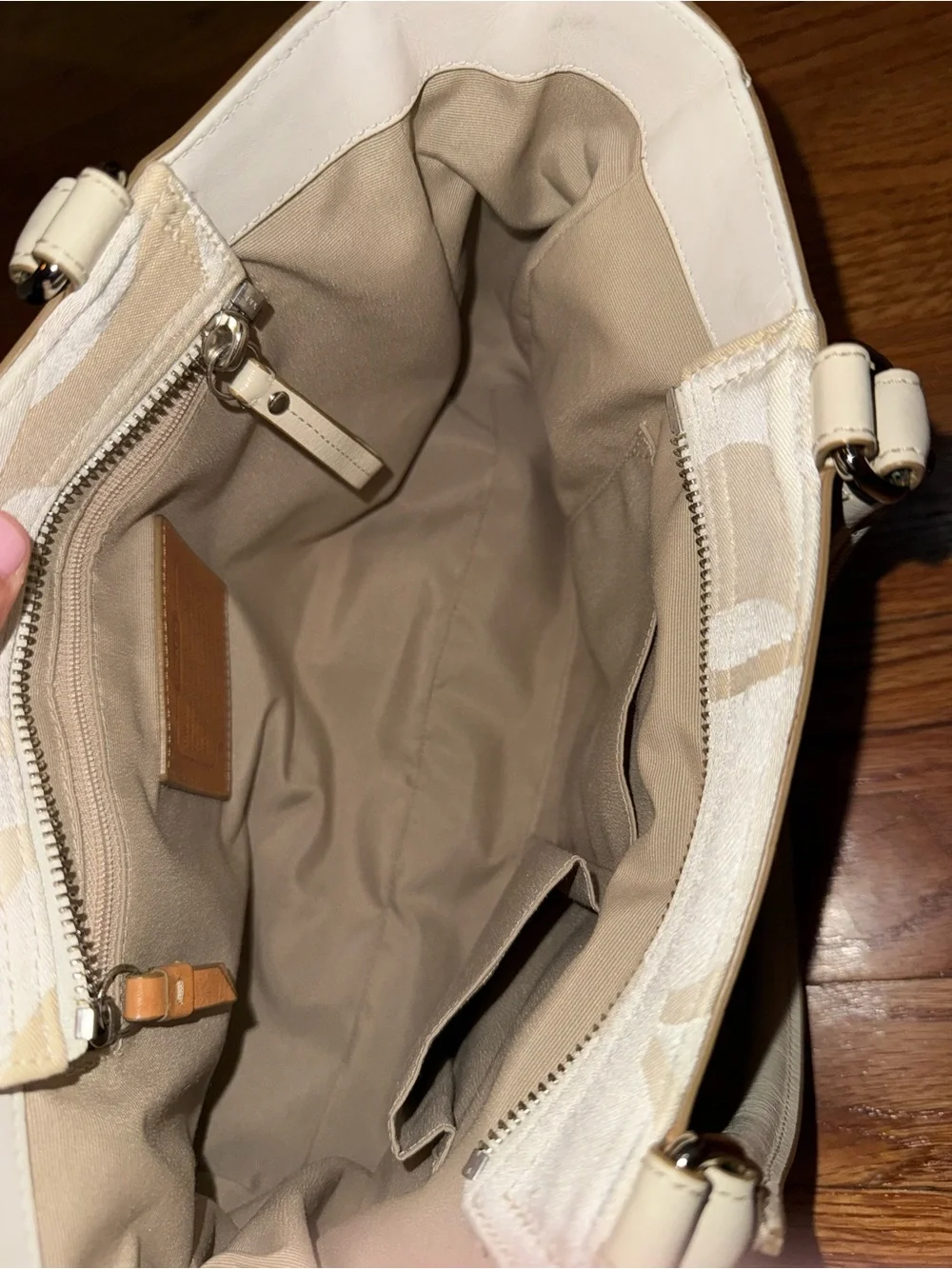 Coach Beige Tan White Satchel Top Handle Bag with Logo Print & Metal Accents Y2K